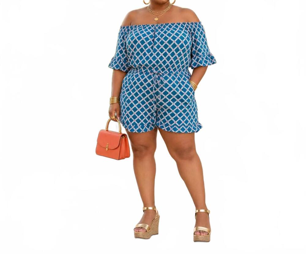 NEW SPIN USA geo print romper - plus in teal/pink